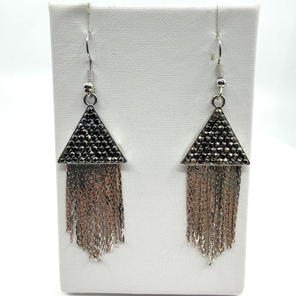 Boho Silver Triangle Tassel Earrings with Black Crystal - Party Gift